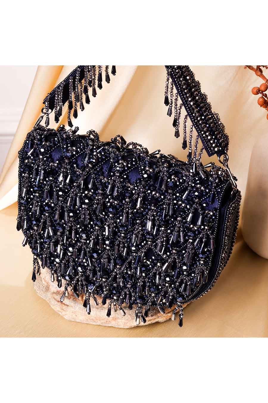 Navy Blue Zingming Hand-Embroidered Clutch