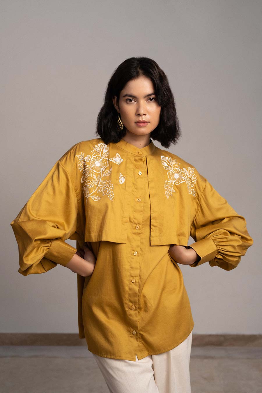 Mustard Winged Embroidered Panel Shirt