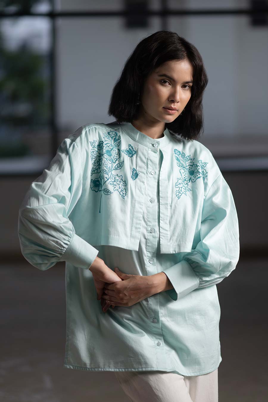 Blue Winged Embroidered Panel Shirt