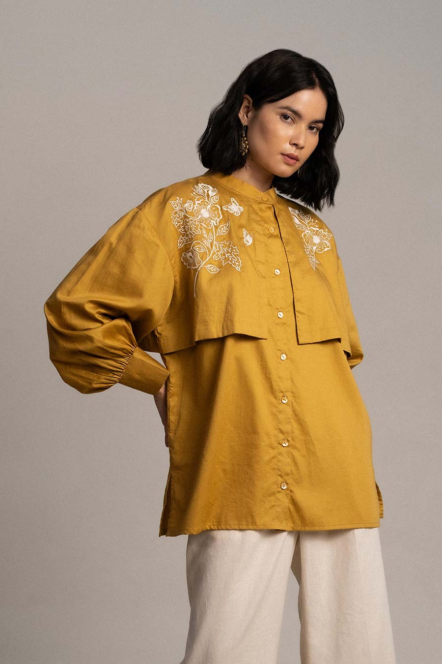 Mustard Winged Embroidered Panel Shirt