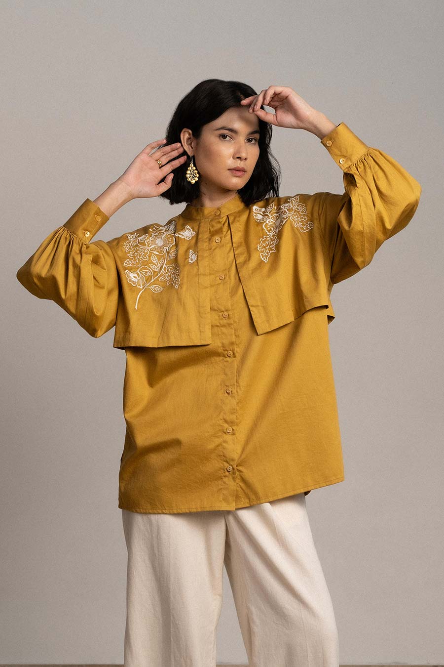 Mustard Winged Embroidered Panel Shirt