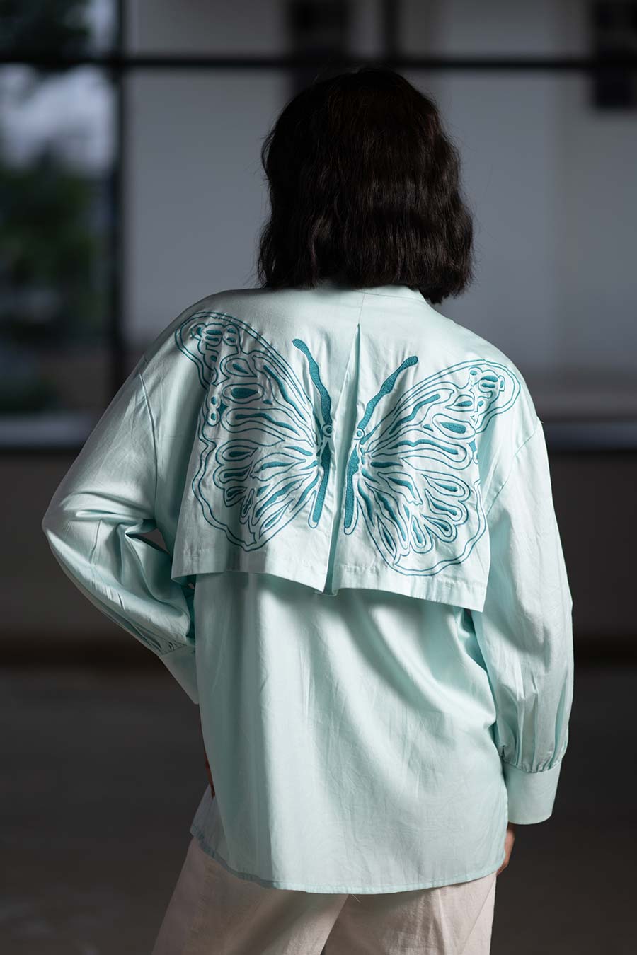 Blue Winged Embroidered Panel Shirt