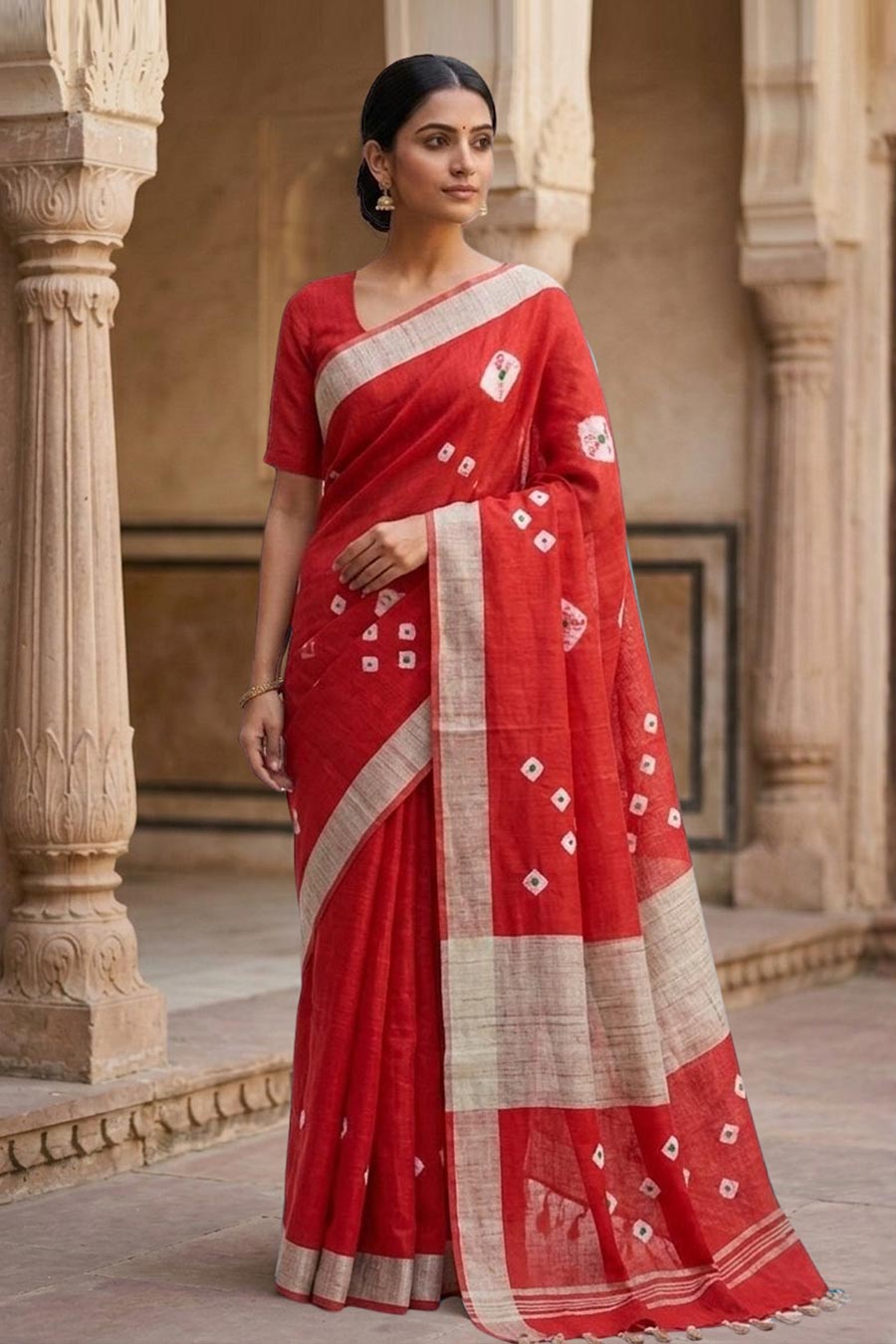 Laalima Red Linen Saree With Unstitched Blouse