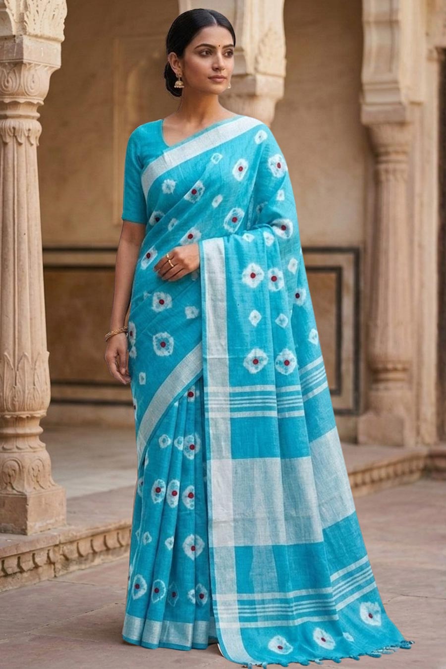 Ambarika Blue Linen Saree With Unstitched Blouse