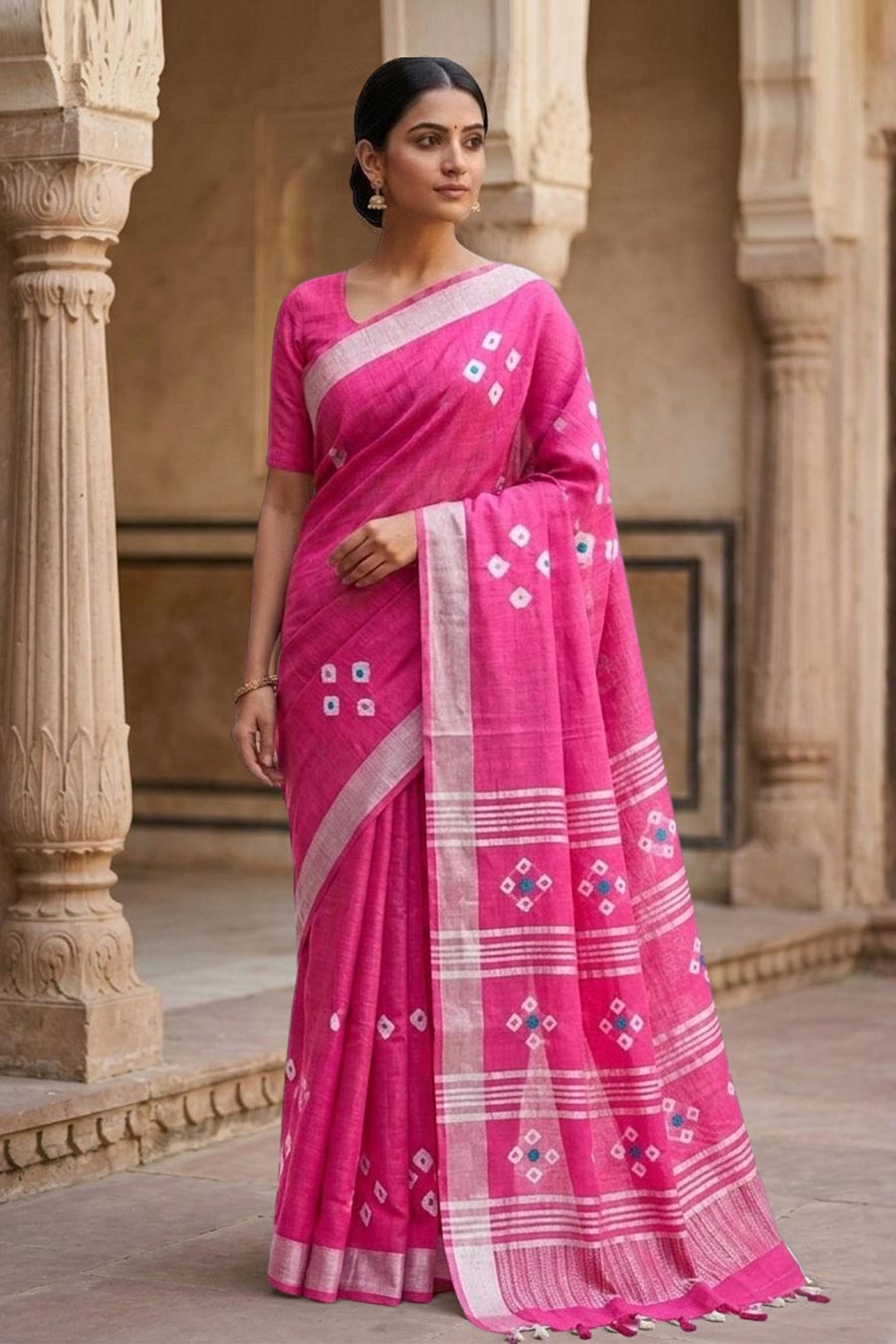 Mrinalini Pink Linen Saree With Unstitched Blouse