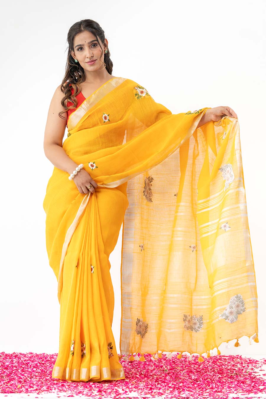 Mallika Yellow Linen Saree With Unstitched Blouse