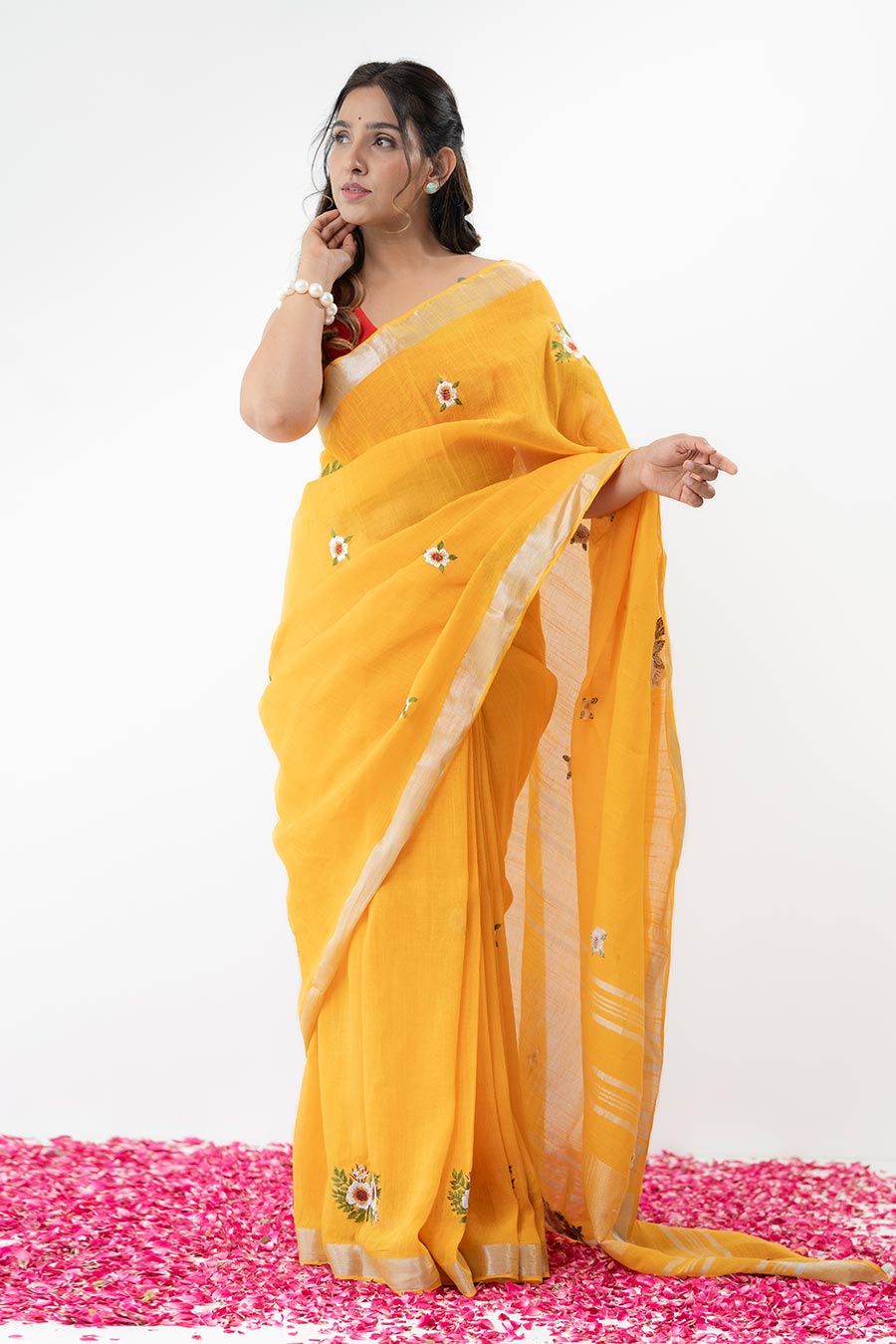Mallika Yellow Linen Saree With Unstitched Blouse