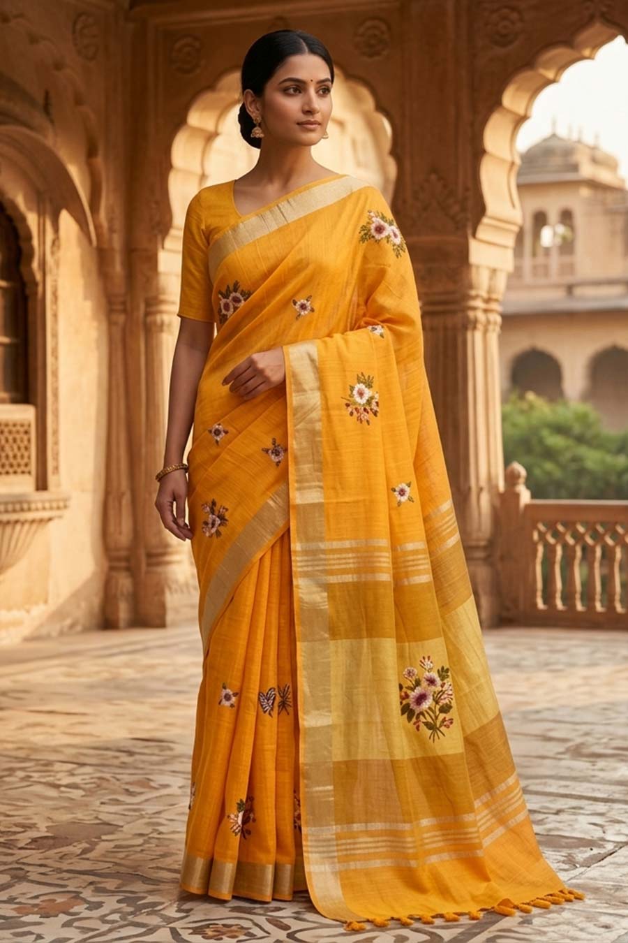 Mallika Yellow Linen Saree With Unstitched Blouse
