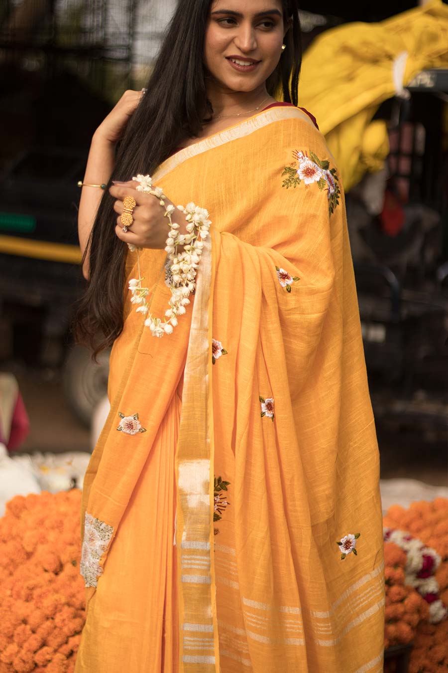 Mallika Yellow Linen Saree With Unstitched Blouse