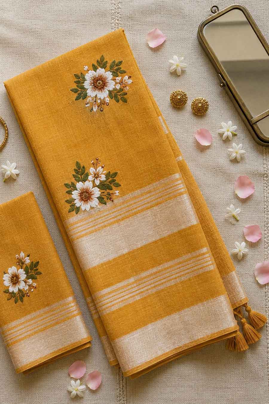 Mallika Yellow Linen Saree With Unstitched Blouse