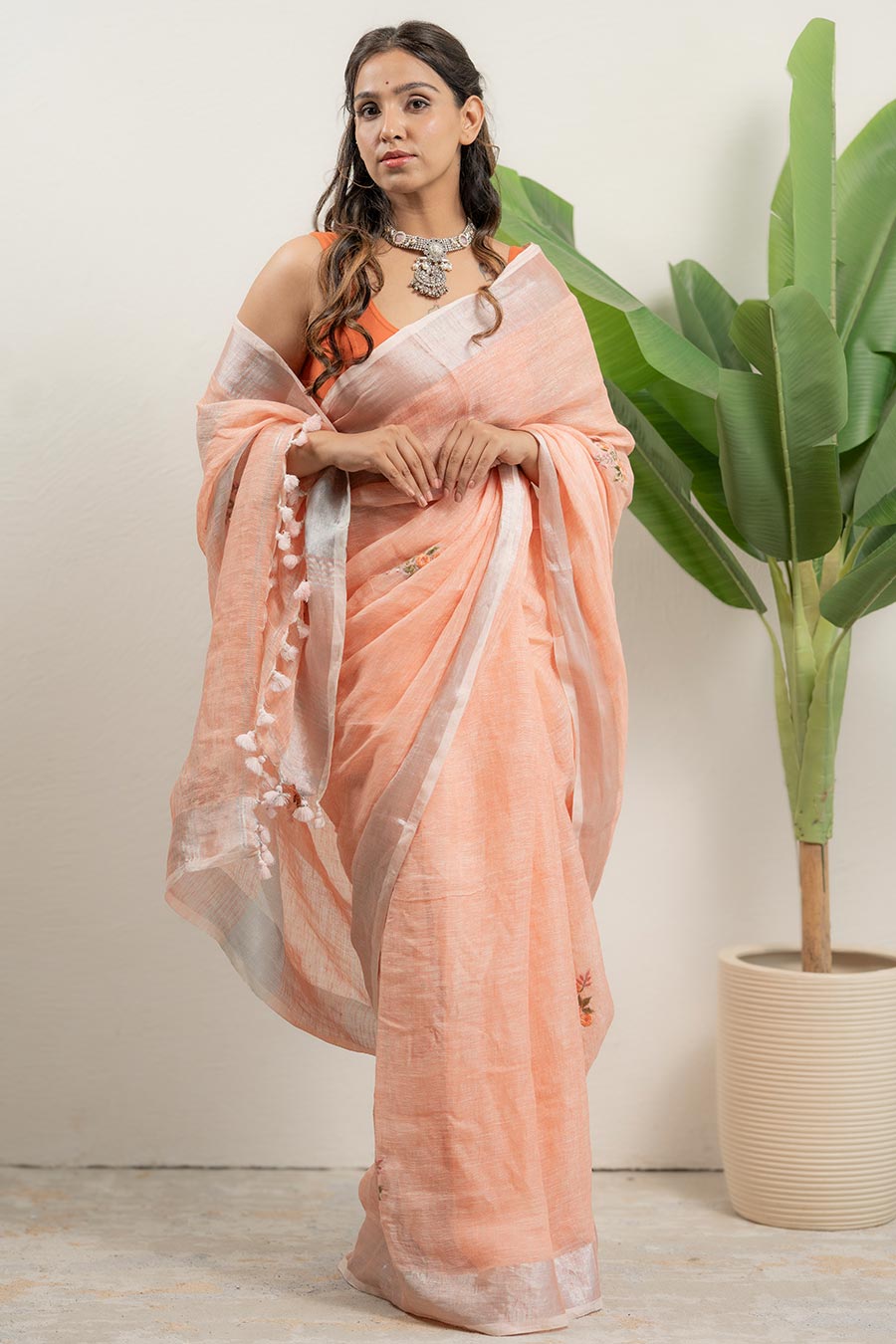 Saanjh Peach Linen Saree With Unstitched Blouse