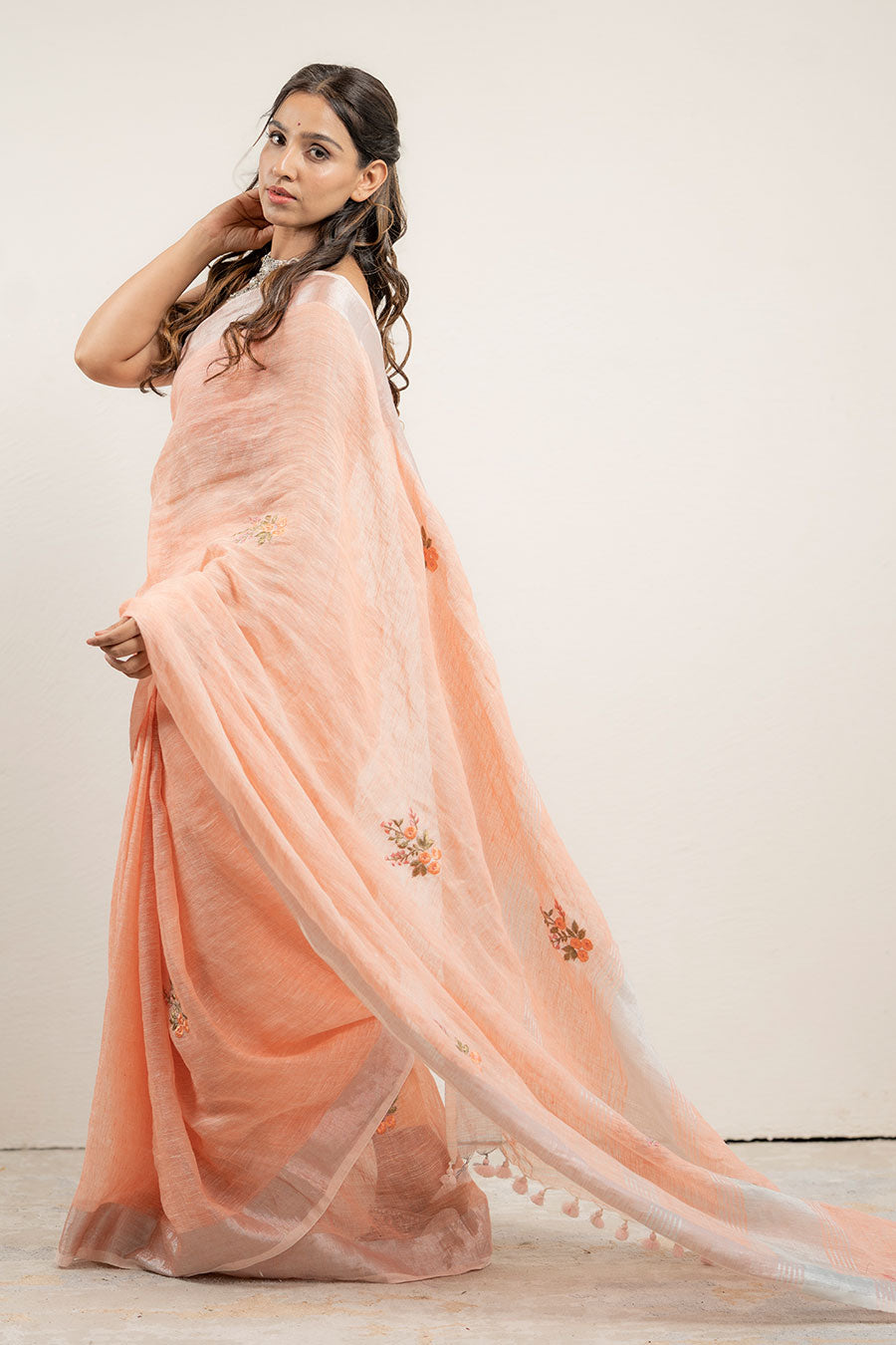 Saanjh Peach Linen Saree With Unstitched Blouse