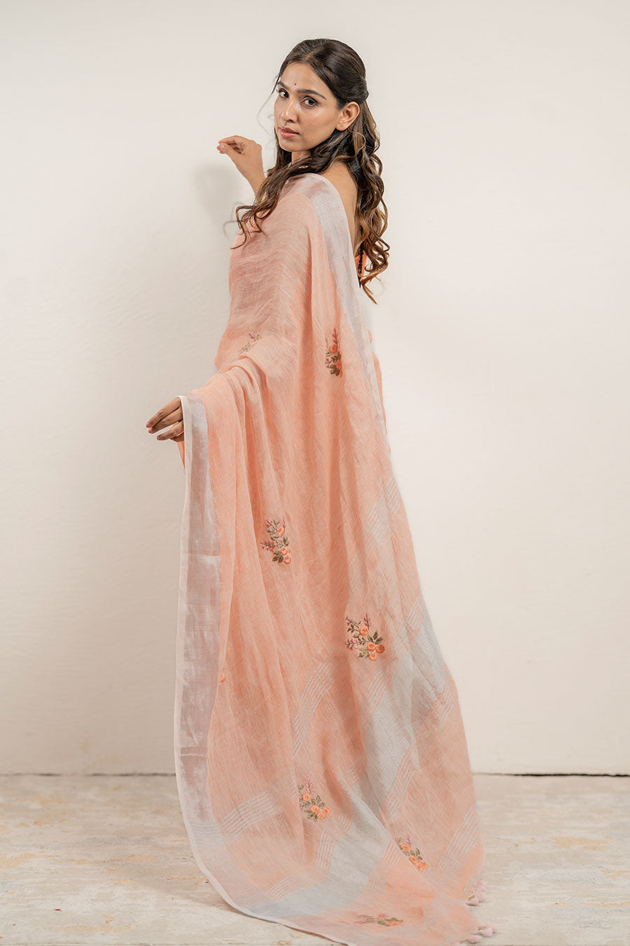 Saanjh Peach Linen Saree With Unstitched Blouse