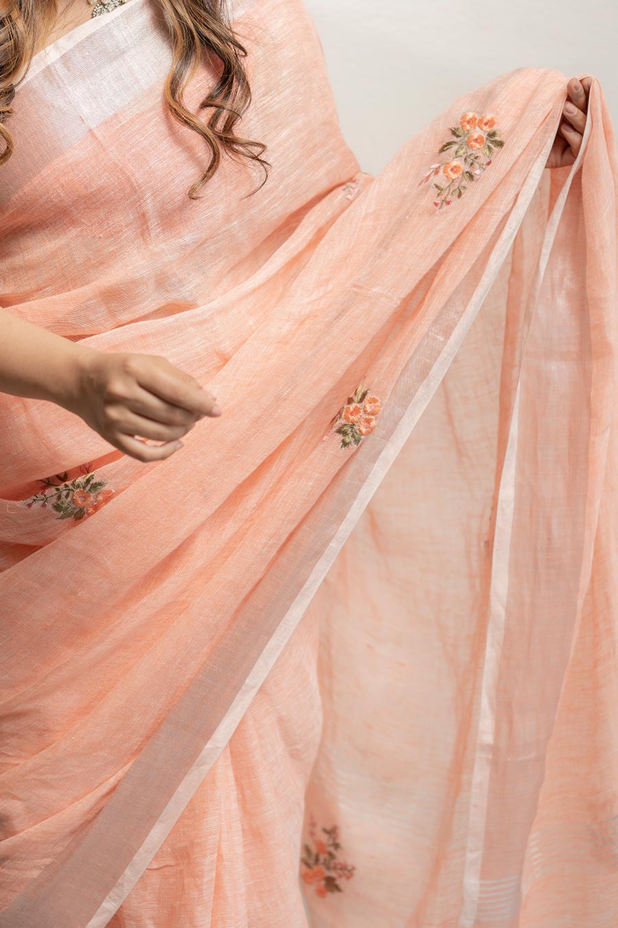 Saanjh Peach Linen Saree With Unstitched Blouse