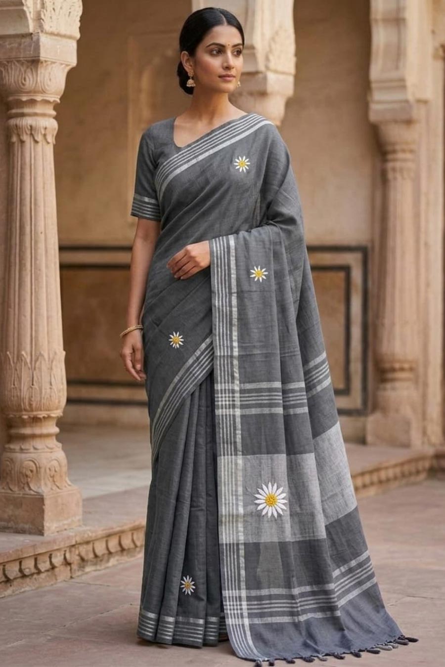 Chandrika Bloom Grey Linen Saree With Unstitched Blouse