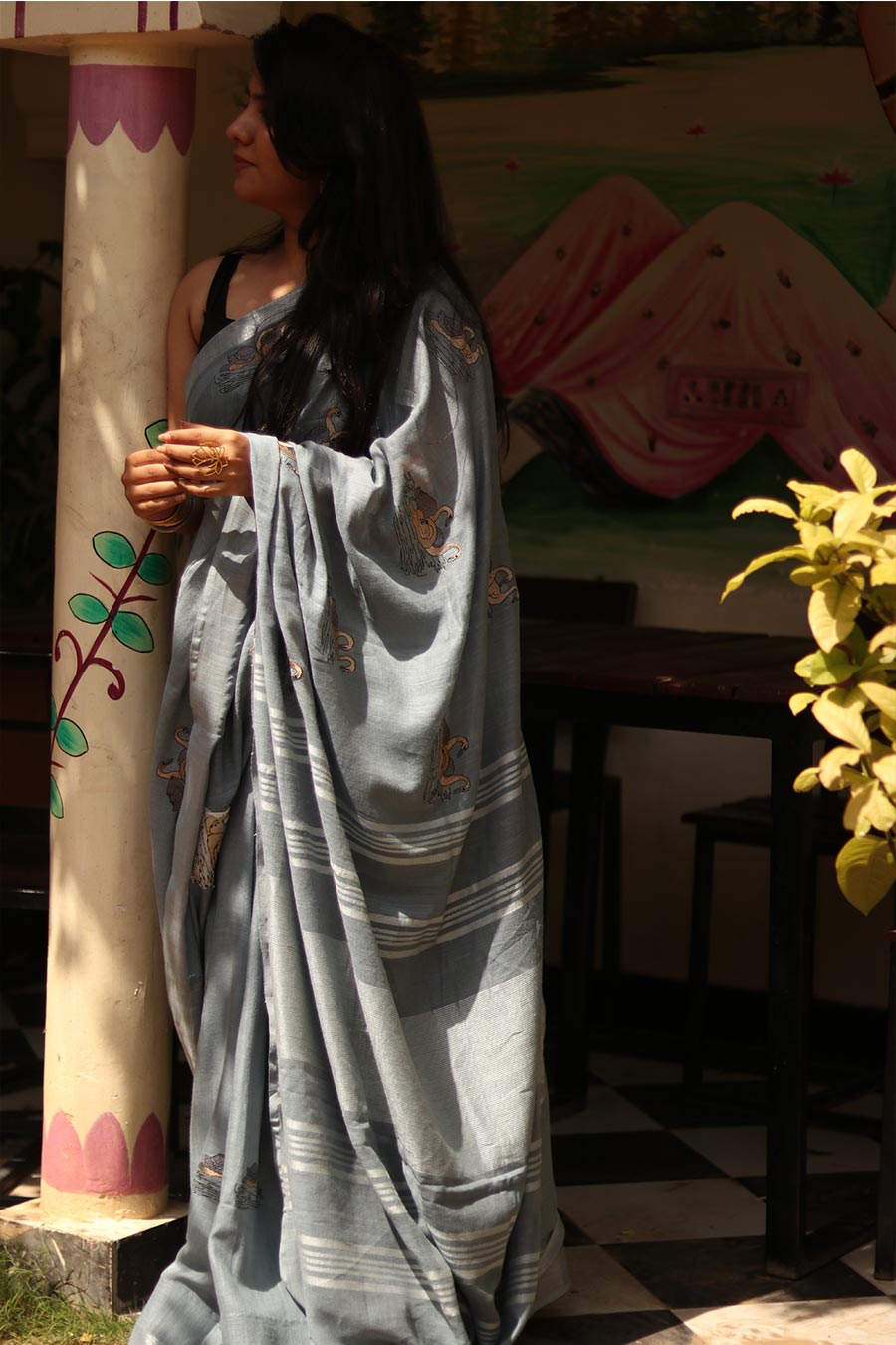 Noor-E-Hans Grey Linen Saree With Unstitched Blouse
