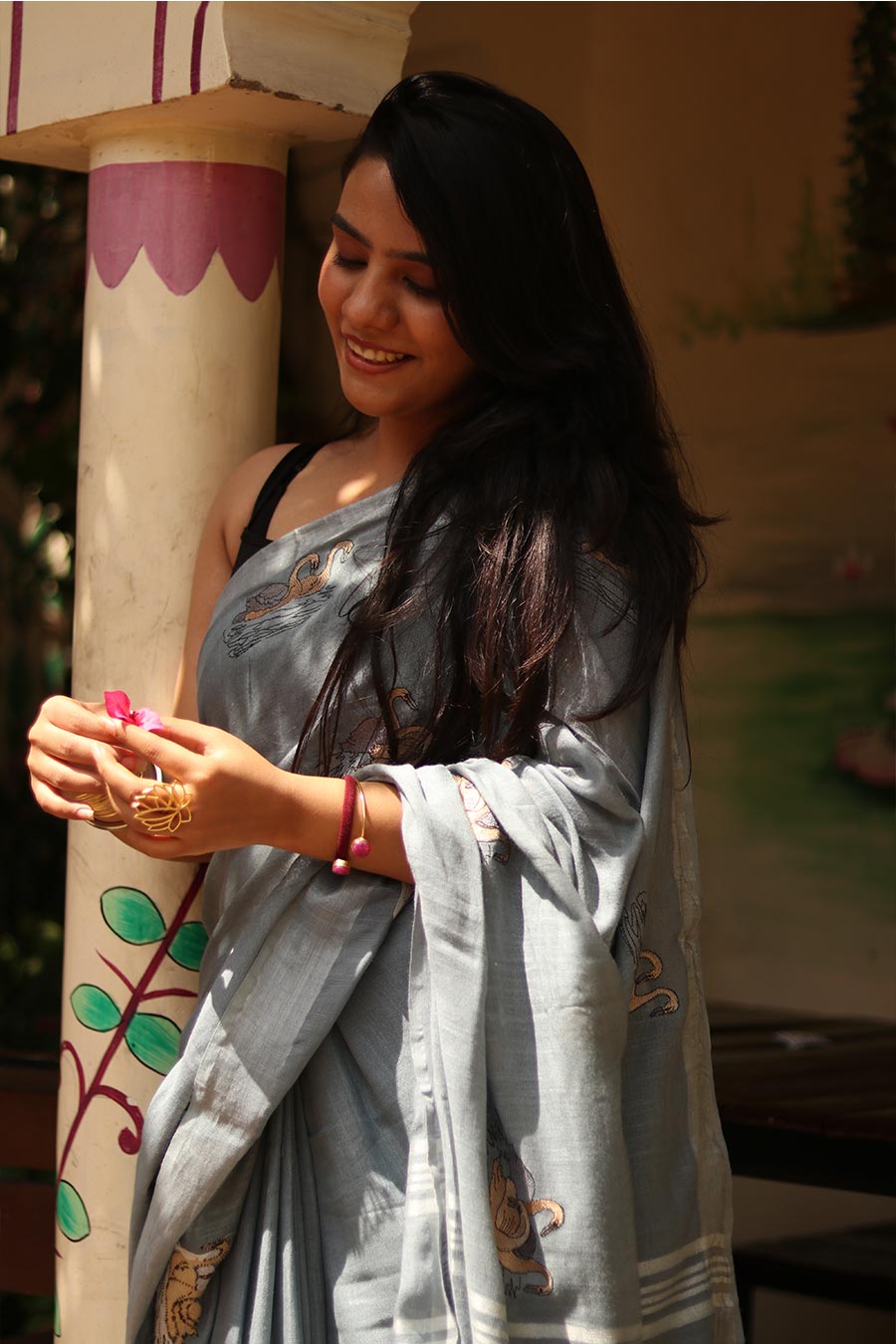 Noor-E-Hans Grey Linen Saree With Unstitched Blouse