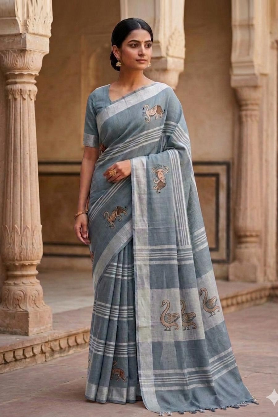 Noor-E-Hans Grey Linen Saree With Unstitched Blouse