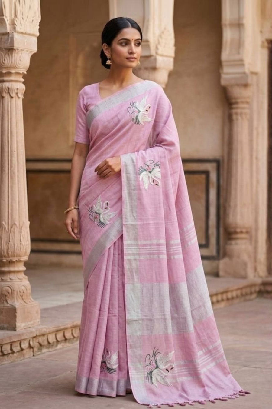 Hansika Blush Pink Linen Saree With Unstitched Blouse
