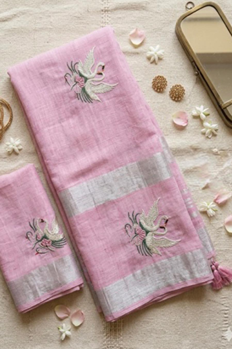 Hansika Blush Pink Linen Saree With Unstitched Blouse