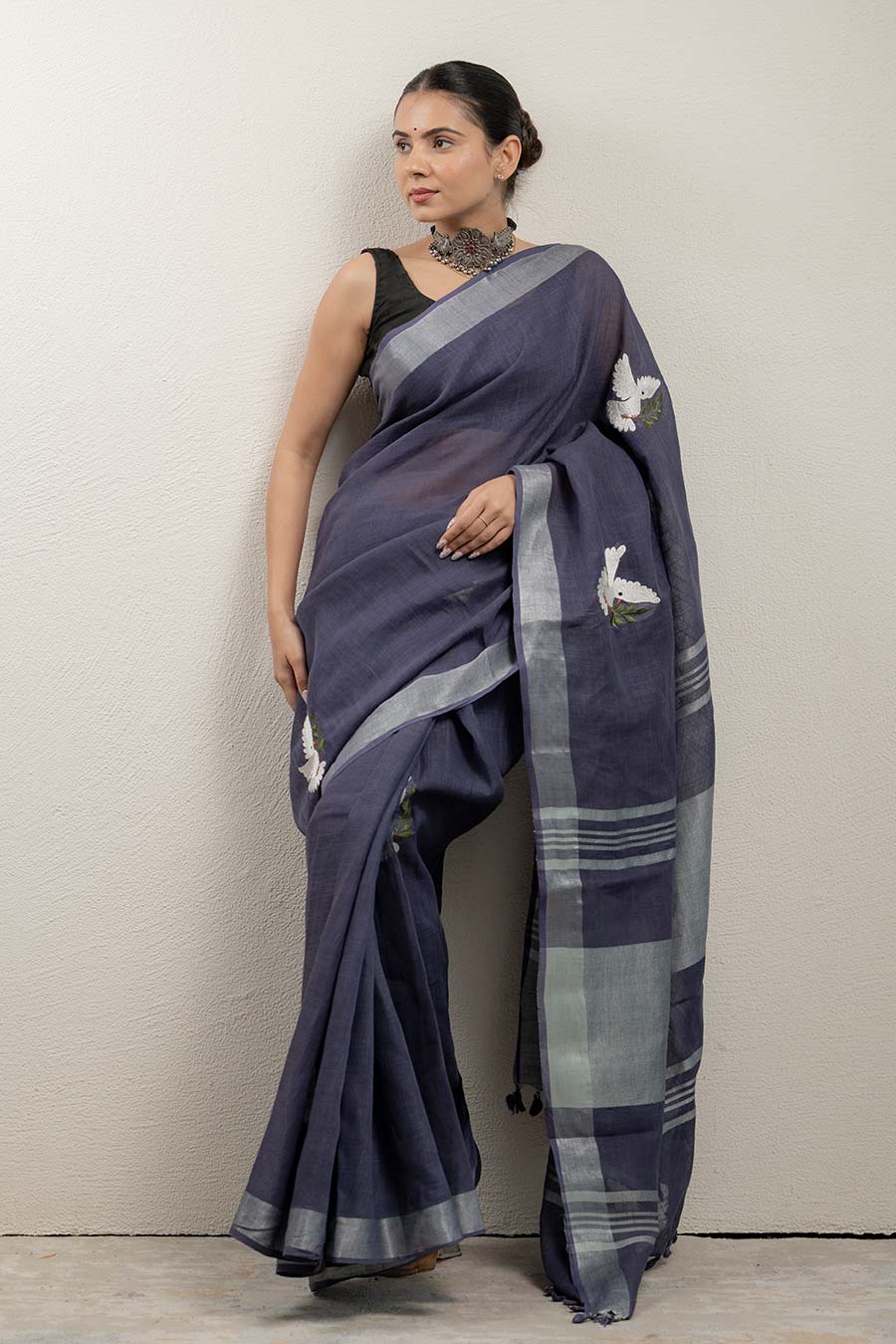 Noor-E-Parinda Purple Linen Saree With Unstitched Blouse