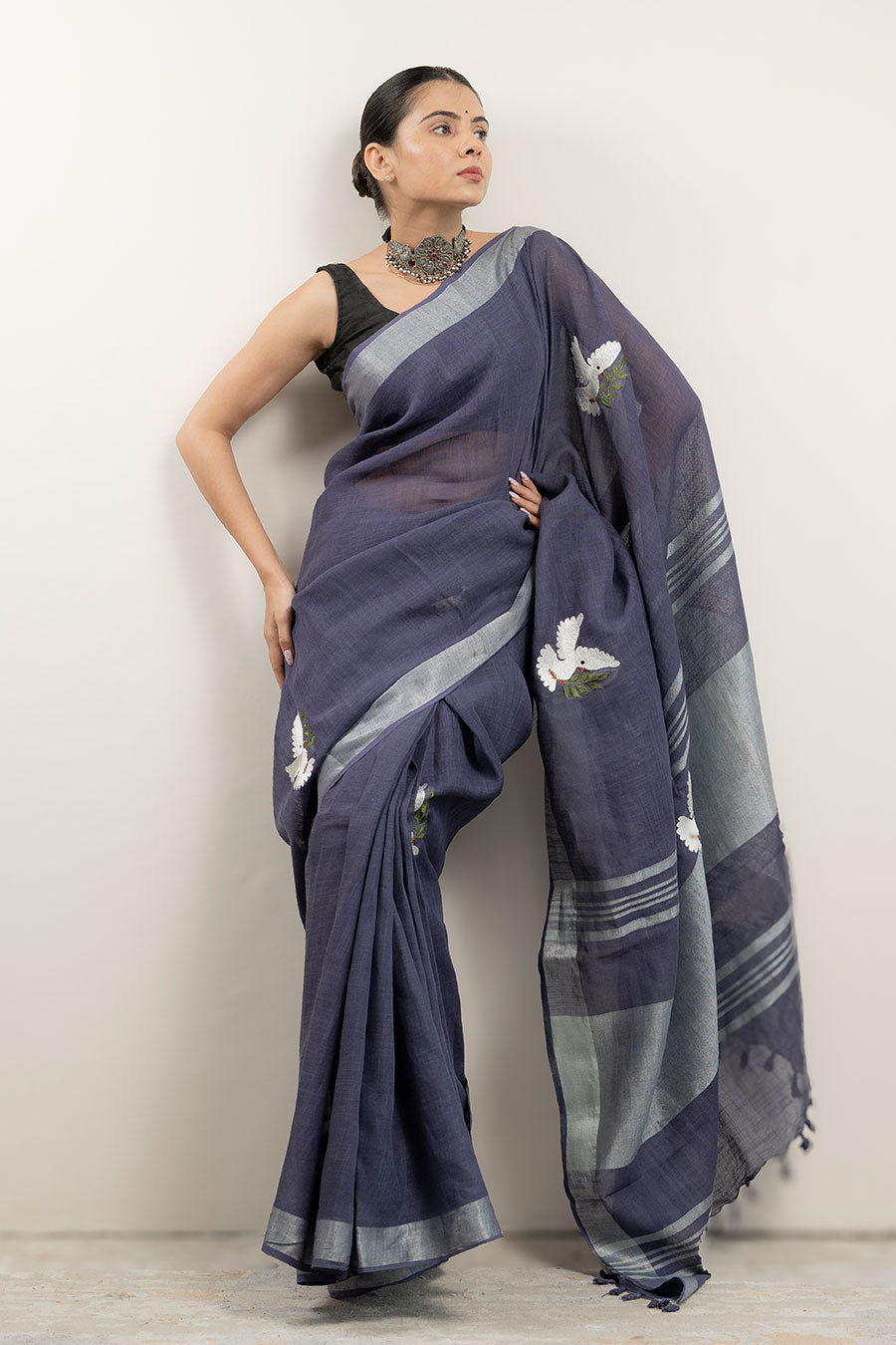 Noor-E-Parinda Purple Linen Saree With Unstitched Blouse