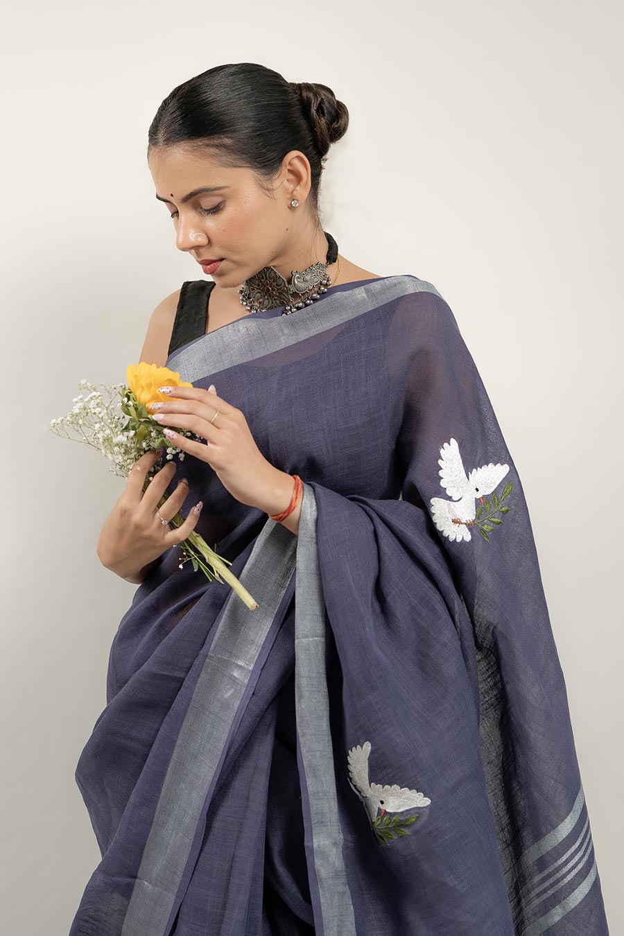Noor-E-Parinda Purple Linen Saree With Unstitched Blouse