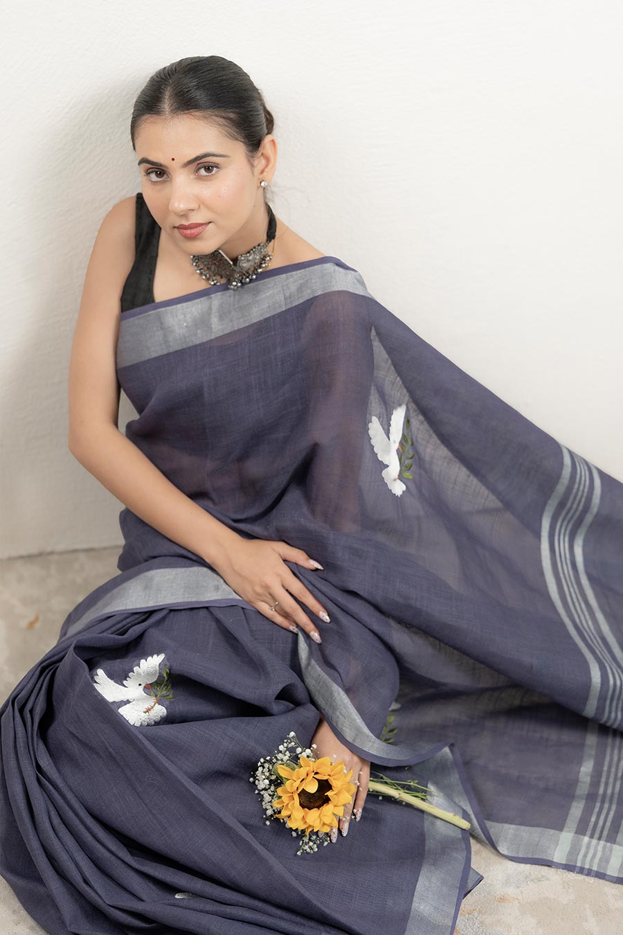 Noor-E-Parinda Purple Linen Saree With Unstitched Blouse