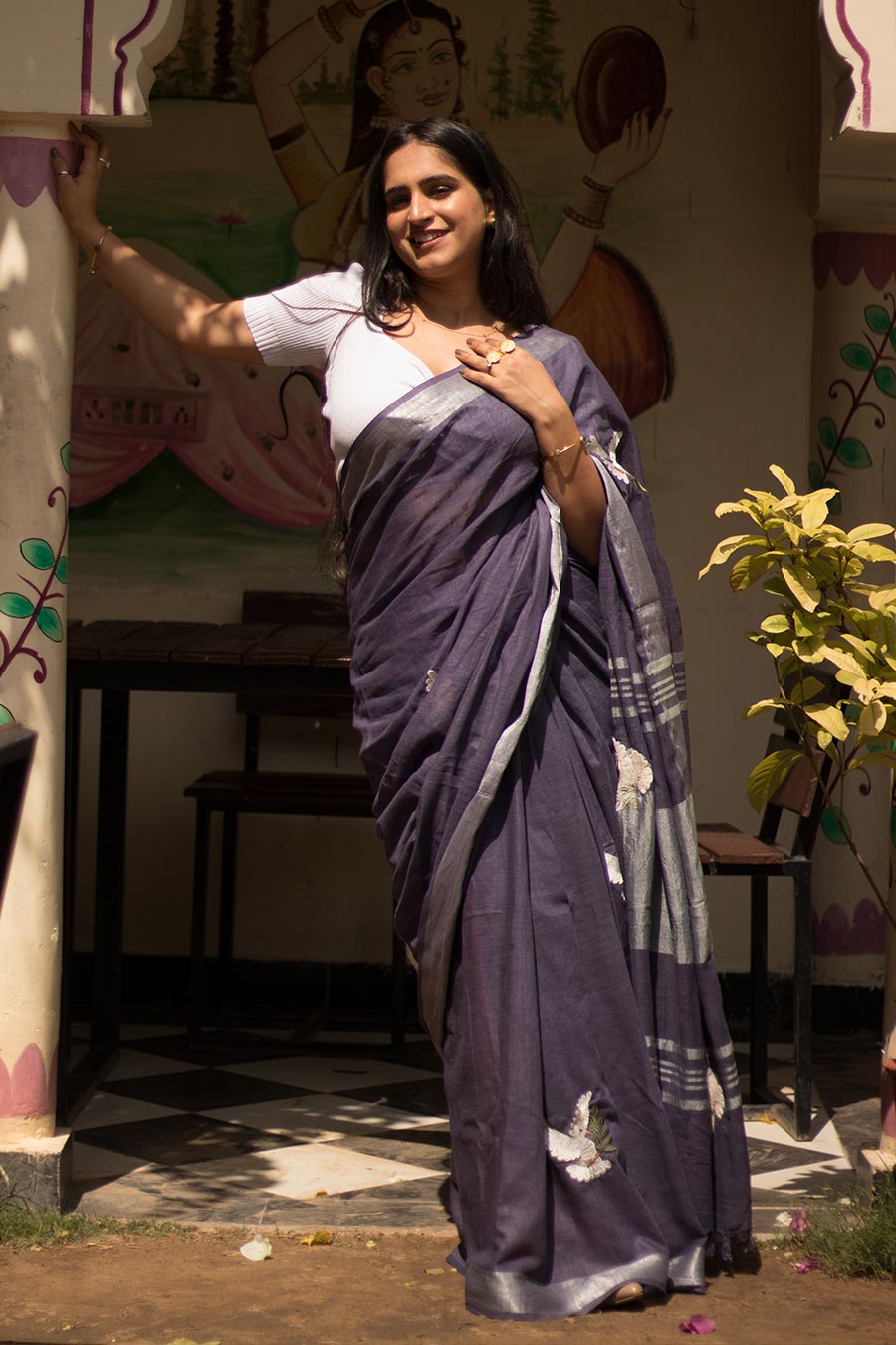 Noor-E-Parinda Purple Linen Saree With Unstitched Blouse
