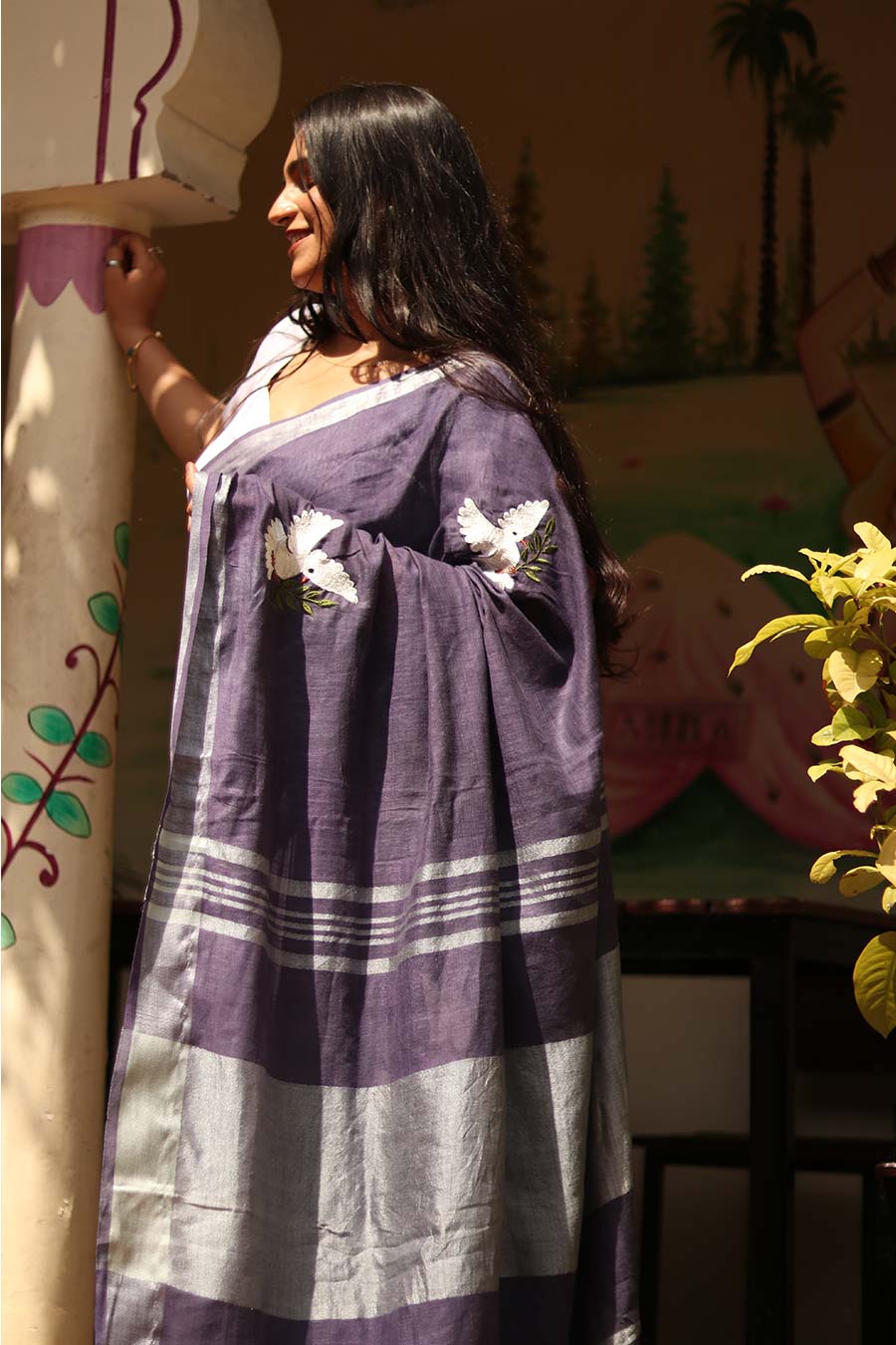 Noor-E-Parinda Purple Linen Saree With Unstitched Blouse