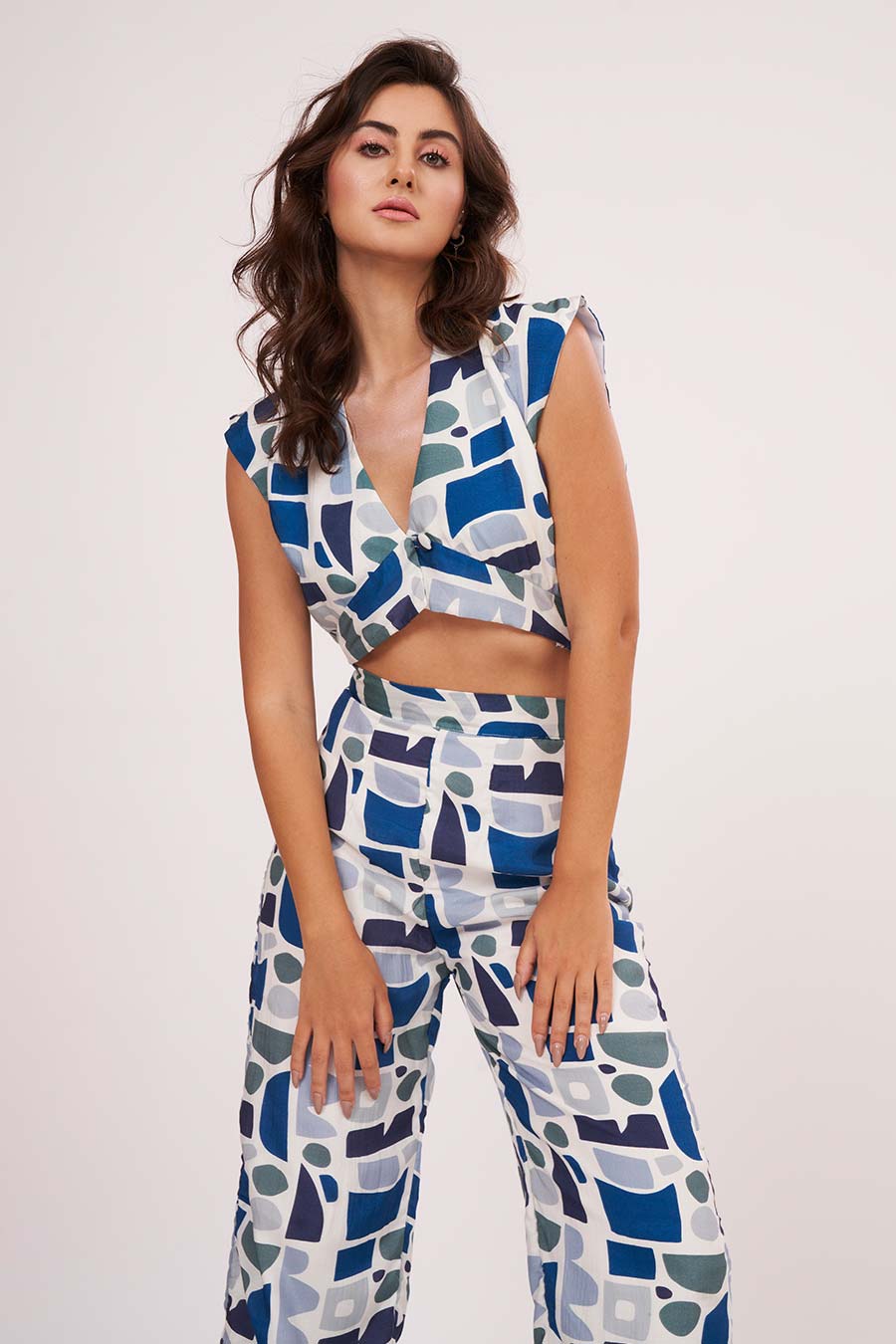 Blue Printed Crop Top & Pant Co-Ord Set