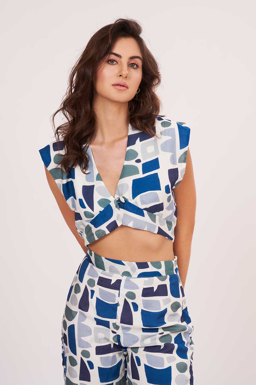 Blue Printed Crop Top & Pant Co-Ord Set