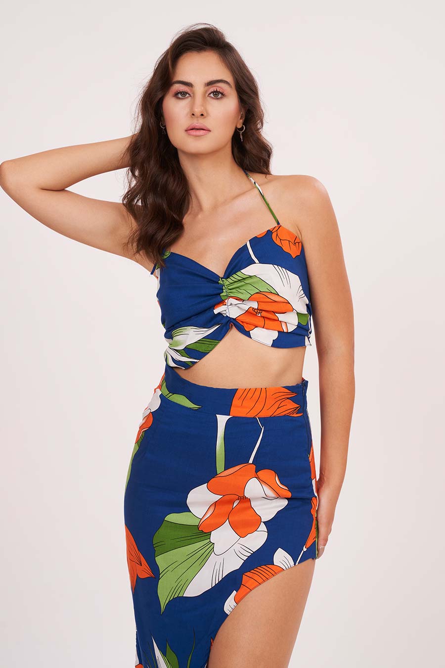 Blue Printed Halter Neck Top & Skirt Set