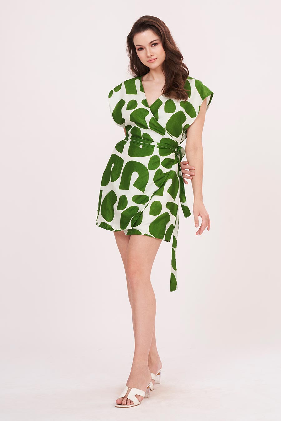 Green Printed Wrap Short Dress