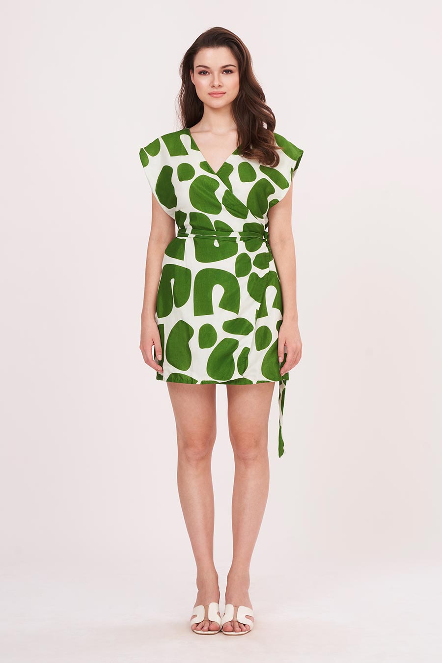 Green Printed Wrap Short Dress