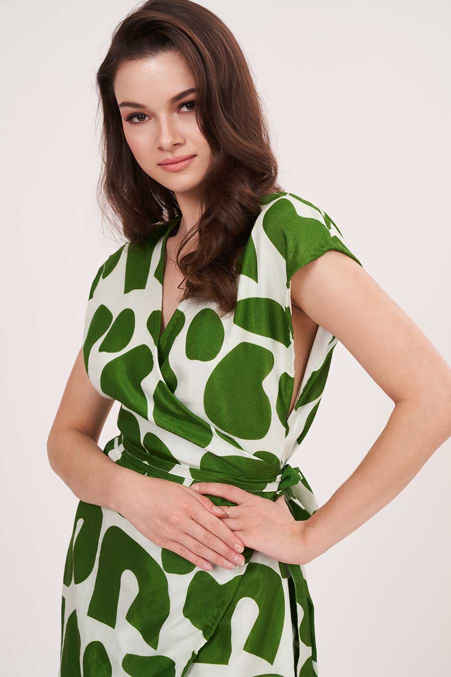 Green Printed Wrap Short Dress
