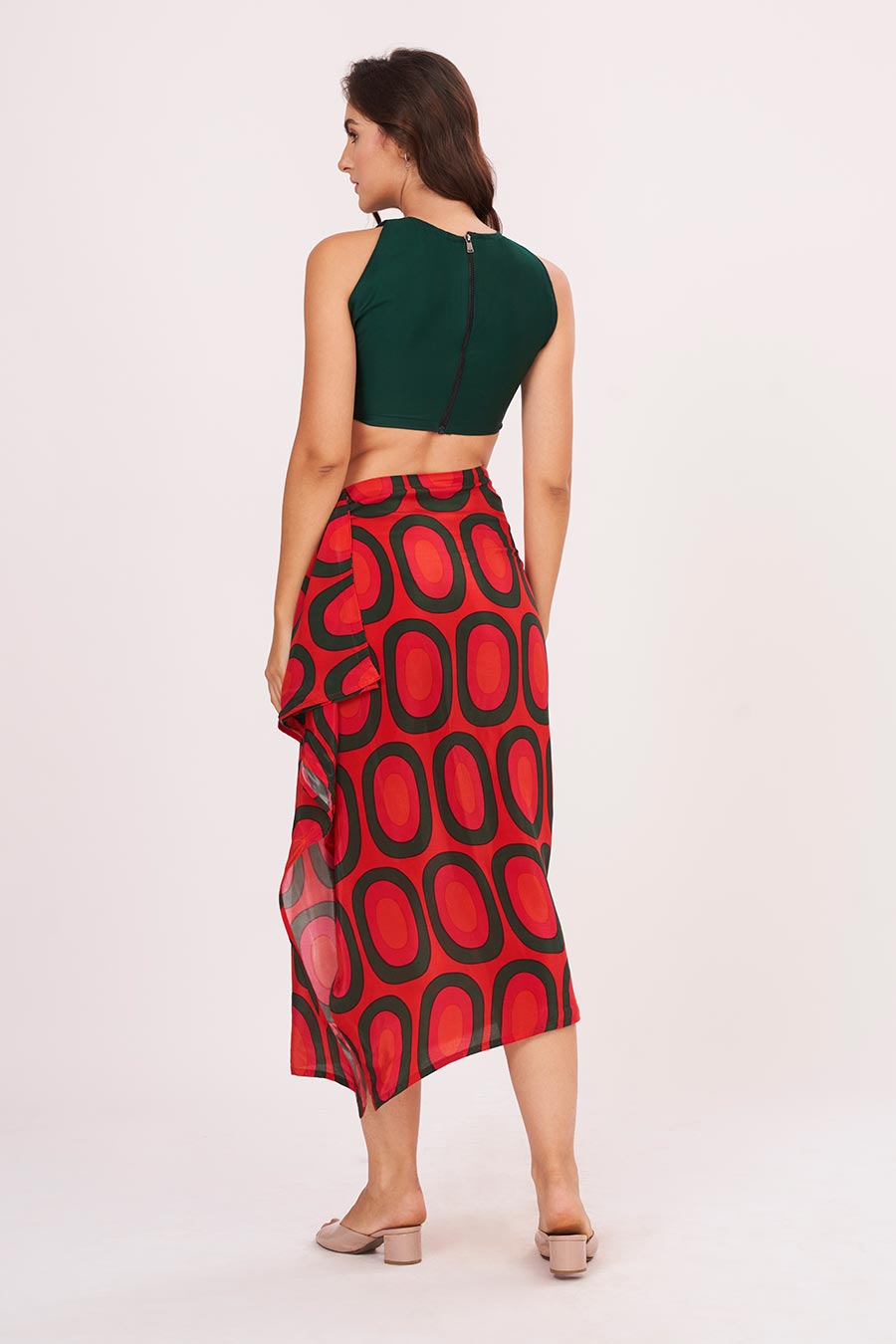 Green Halter Neck Top With Printed Skirt Set