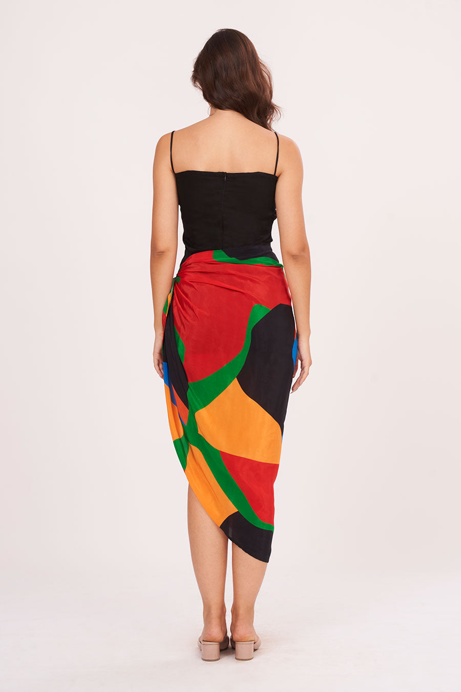 Black Strappy Dress With Printed Skirt Set