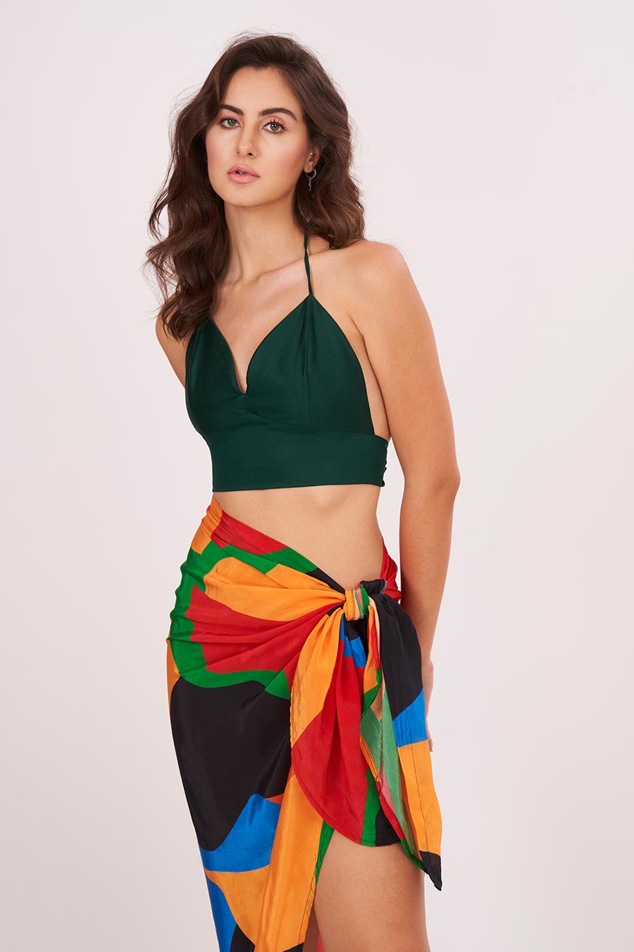 Green Halter Neck Top With Printed Skirt Set