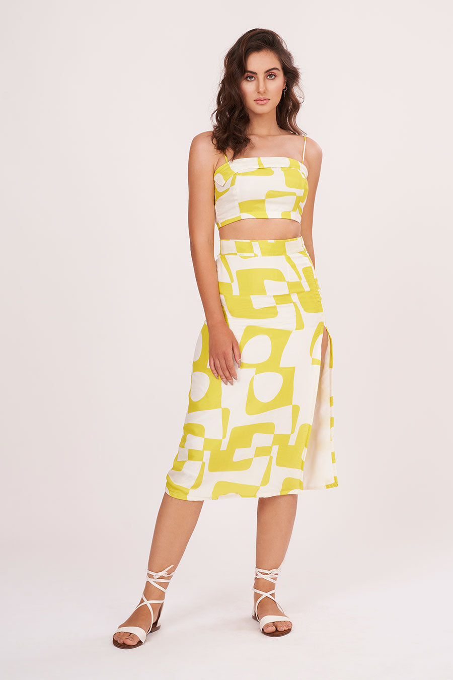 Yellow Printed Strappy Top & Skirt Co-Ord Set