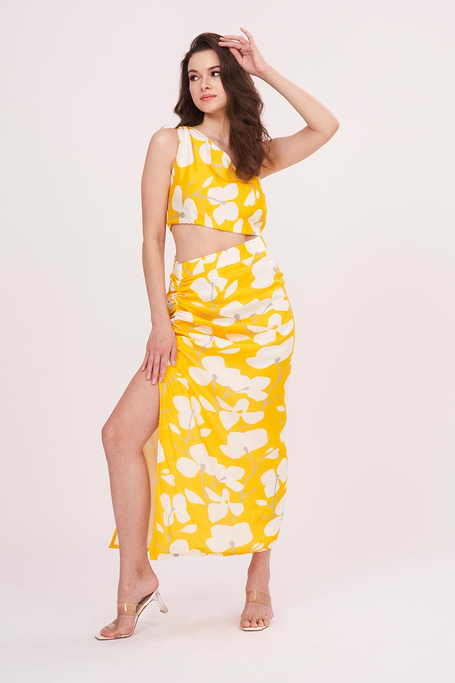 Yellow Printed One-Shoulder Top & Skirt Set