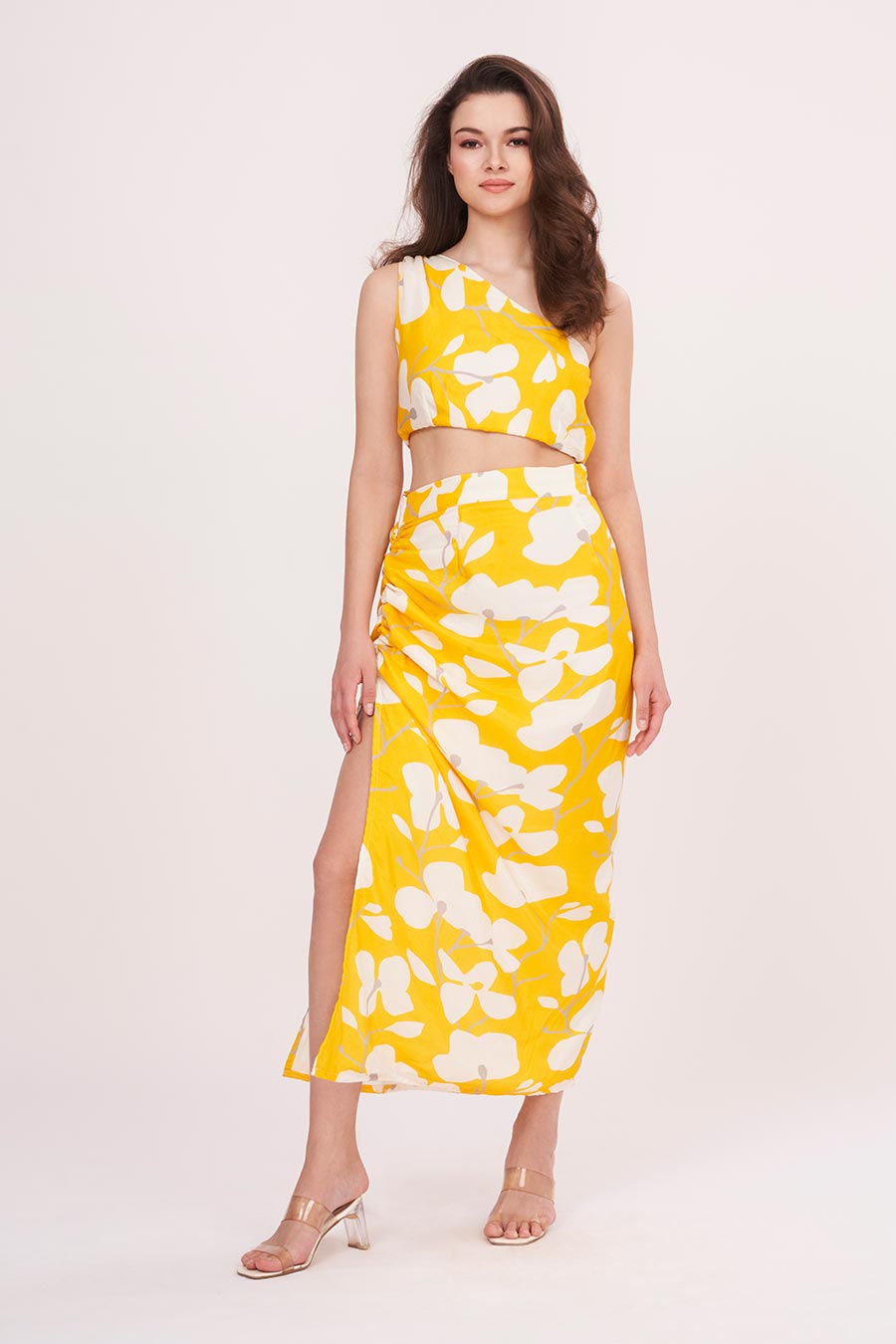Yellow Printed One-Shoulder Top & Skirt Set