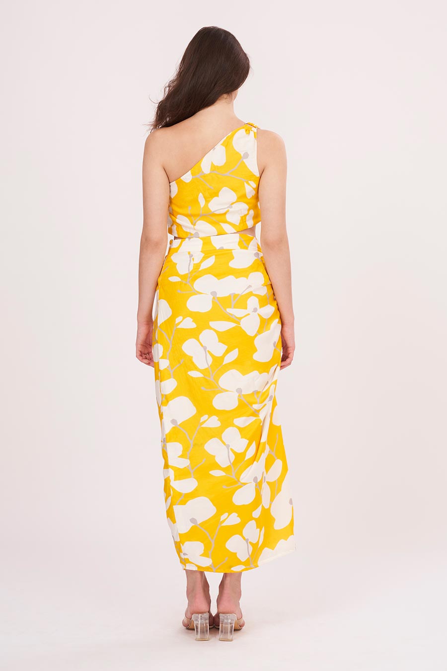 Yellow Printed One-Shoulder Top & Skirt Set
