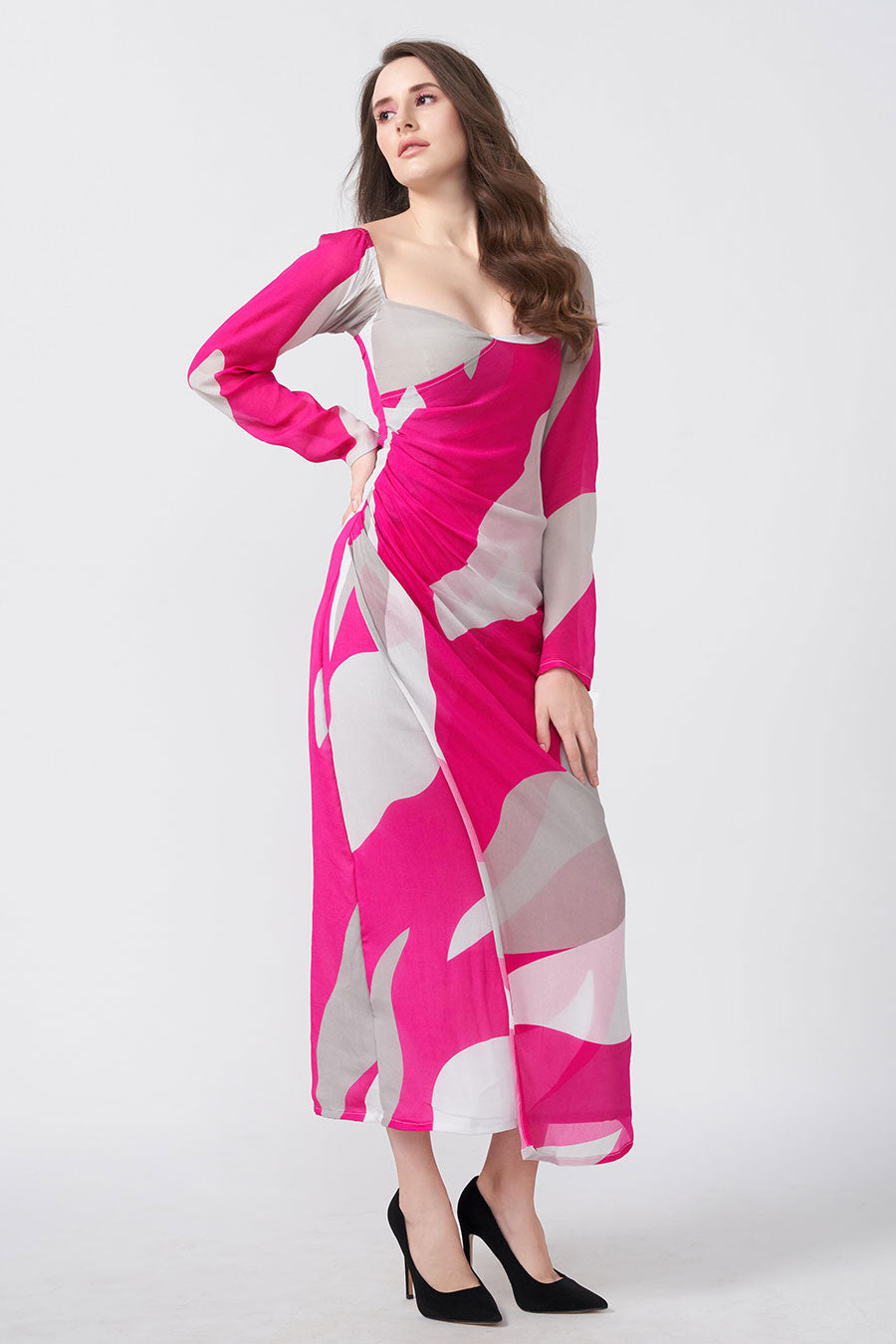 Pink Abstract Printed Overlap Long Dress