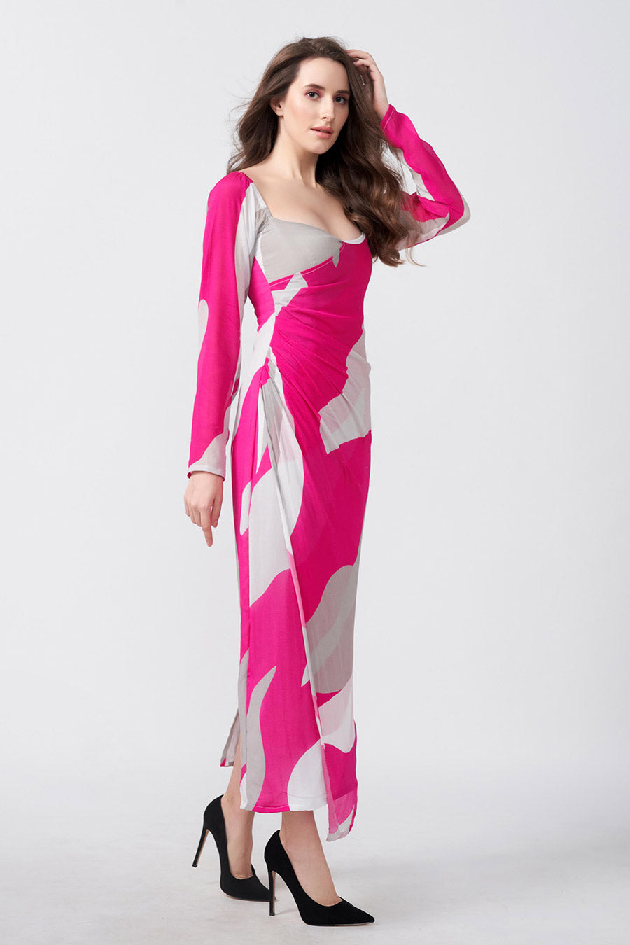 Pink Abstract Printed Overlap Long Dress
