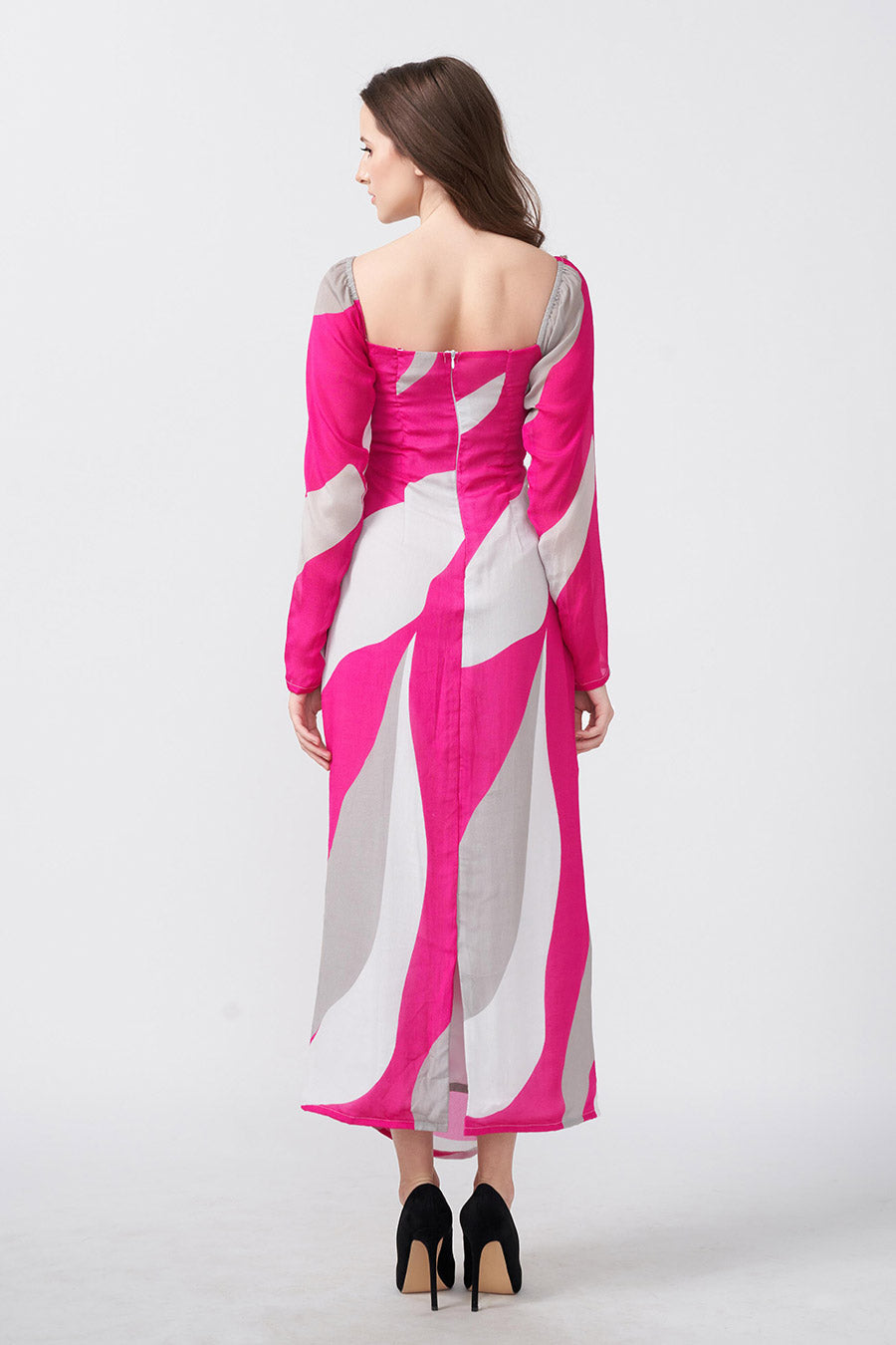 Pink Abstract Printed Overlap Long Dress