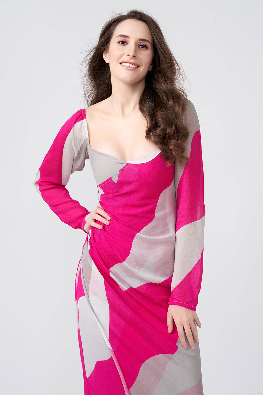 Pink Abstract Printed Overlap Long Dress
