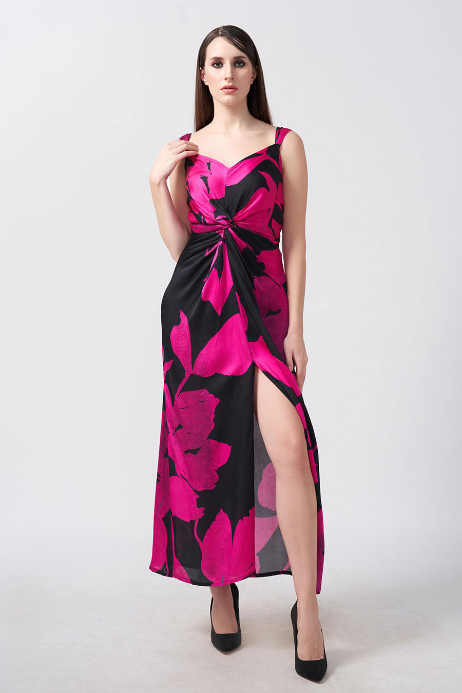 Pink & Black Floral Printed Knotted Long Dress
