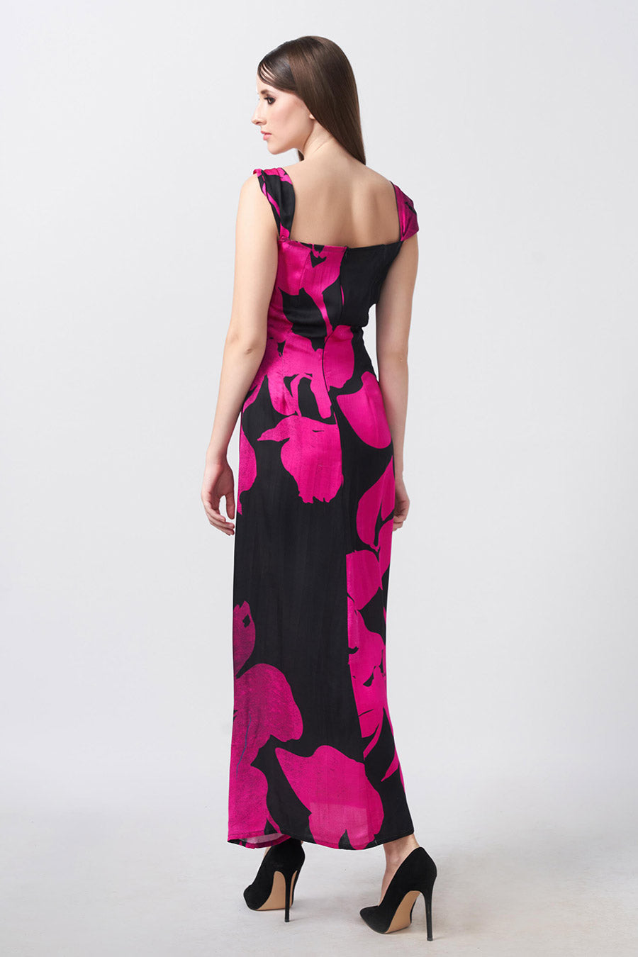 Pink & Black Floral Printed Knotted Long Dress