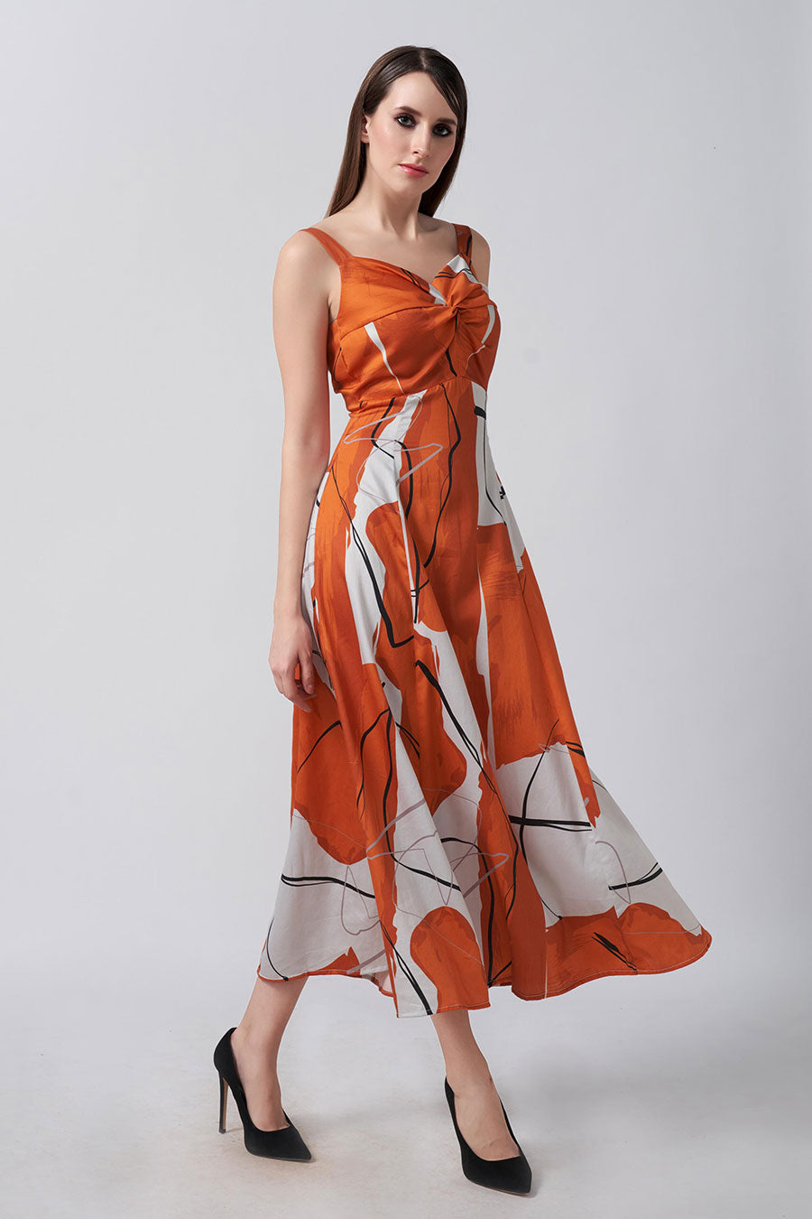 Orange Abstract Printed Knotted Midi Dress